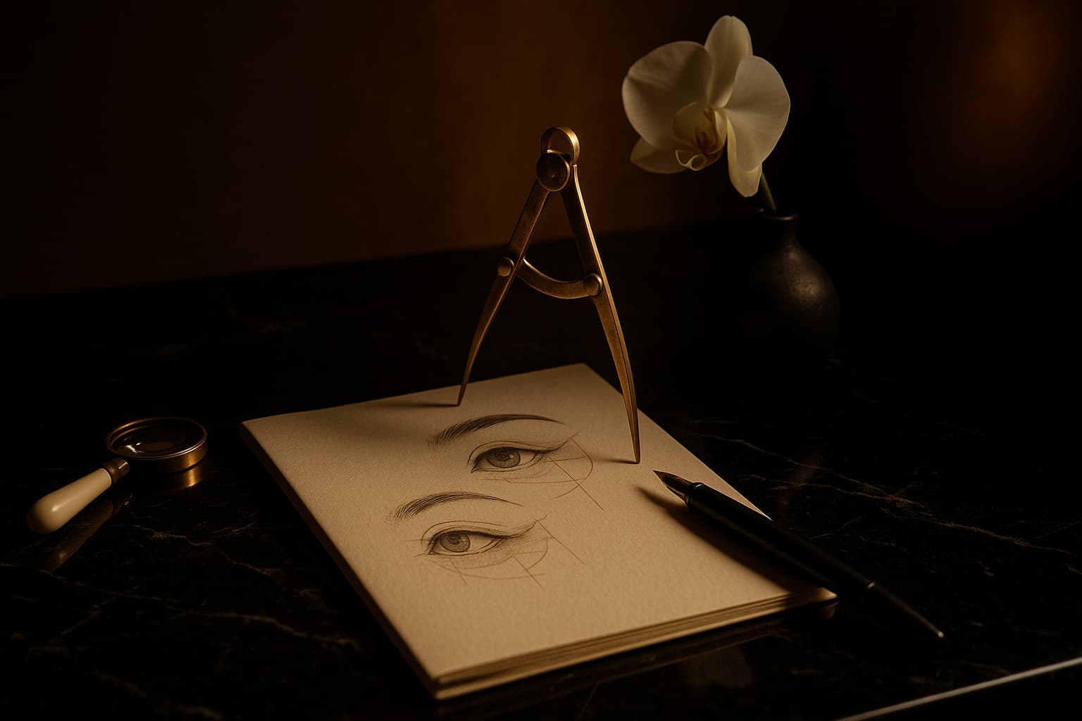 A surgeon's atelier — antique brass caliper standing over hand-drawn golden-ratio eye proportion studies, single white orchid