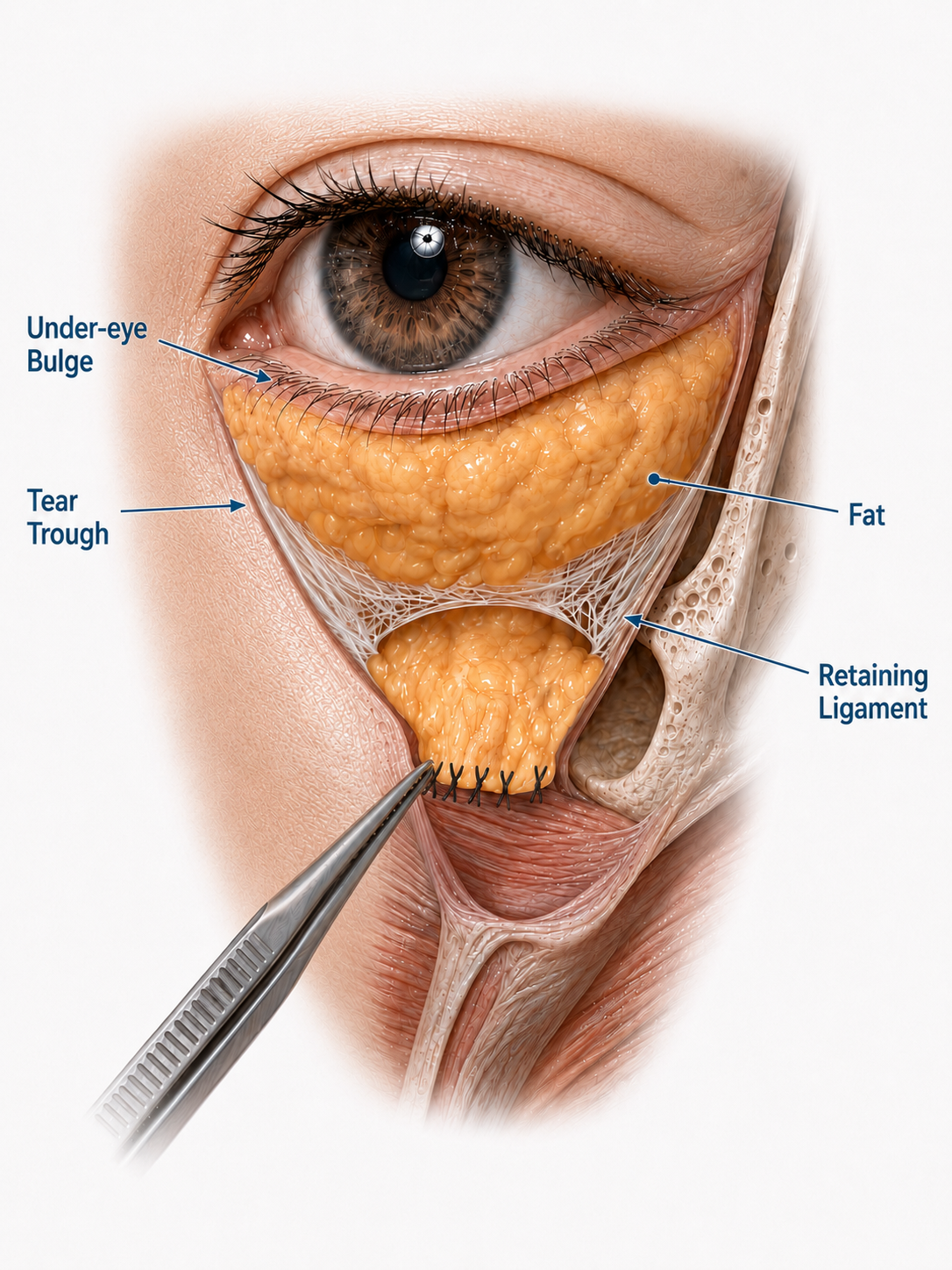 Illustration showing the orbital fat secured with five suture anchors over the orbital rim