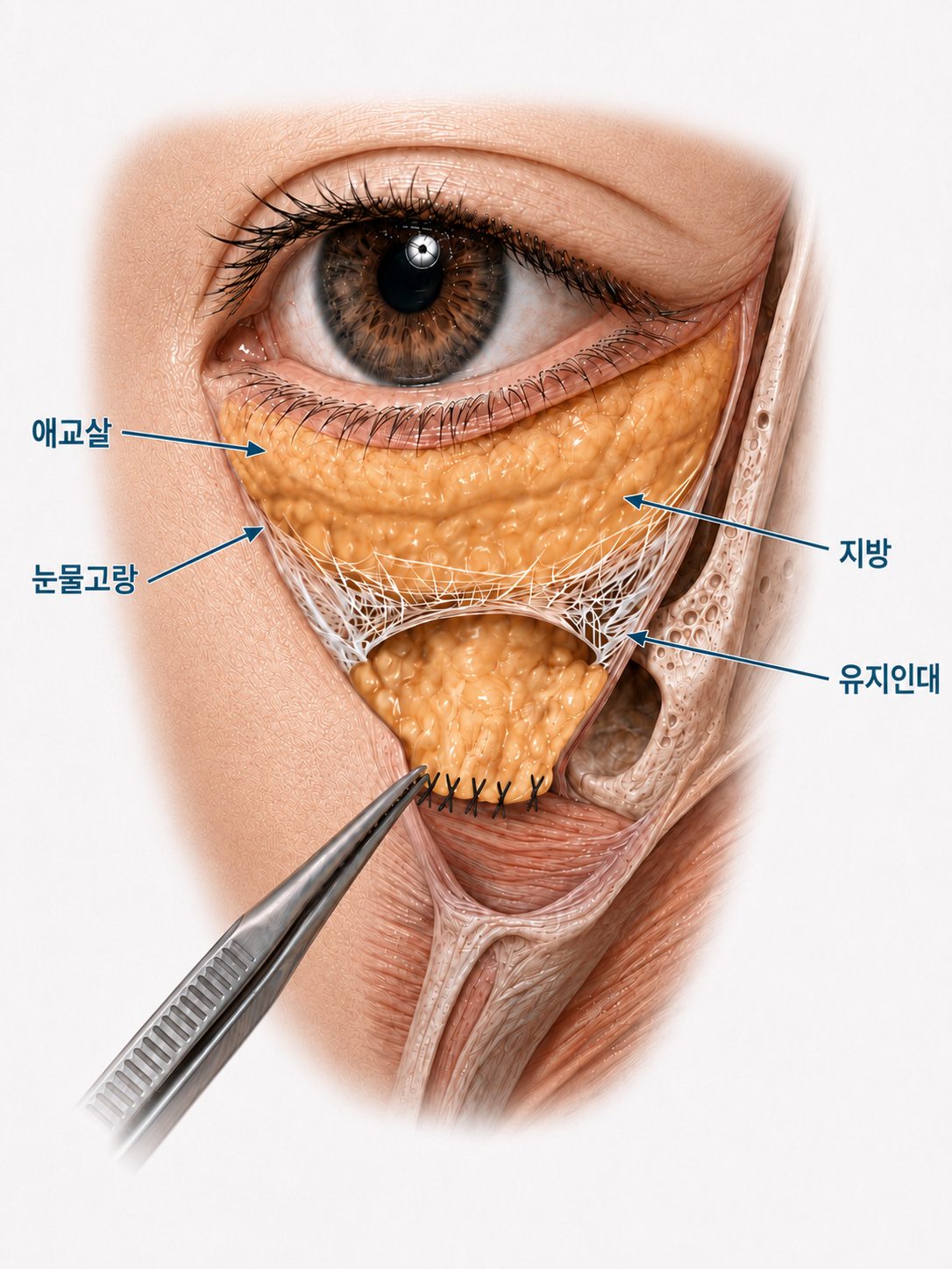 Illustration showing the orbital fat secured with five suture anchors over the orbital rim