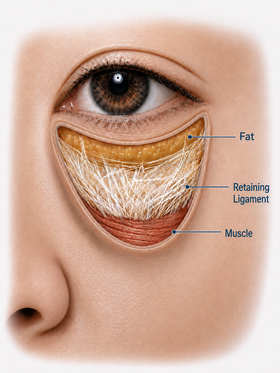 Anatomical illustration revealing orbital fat lobules and the tear-trough ligament on the maxilla