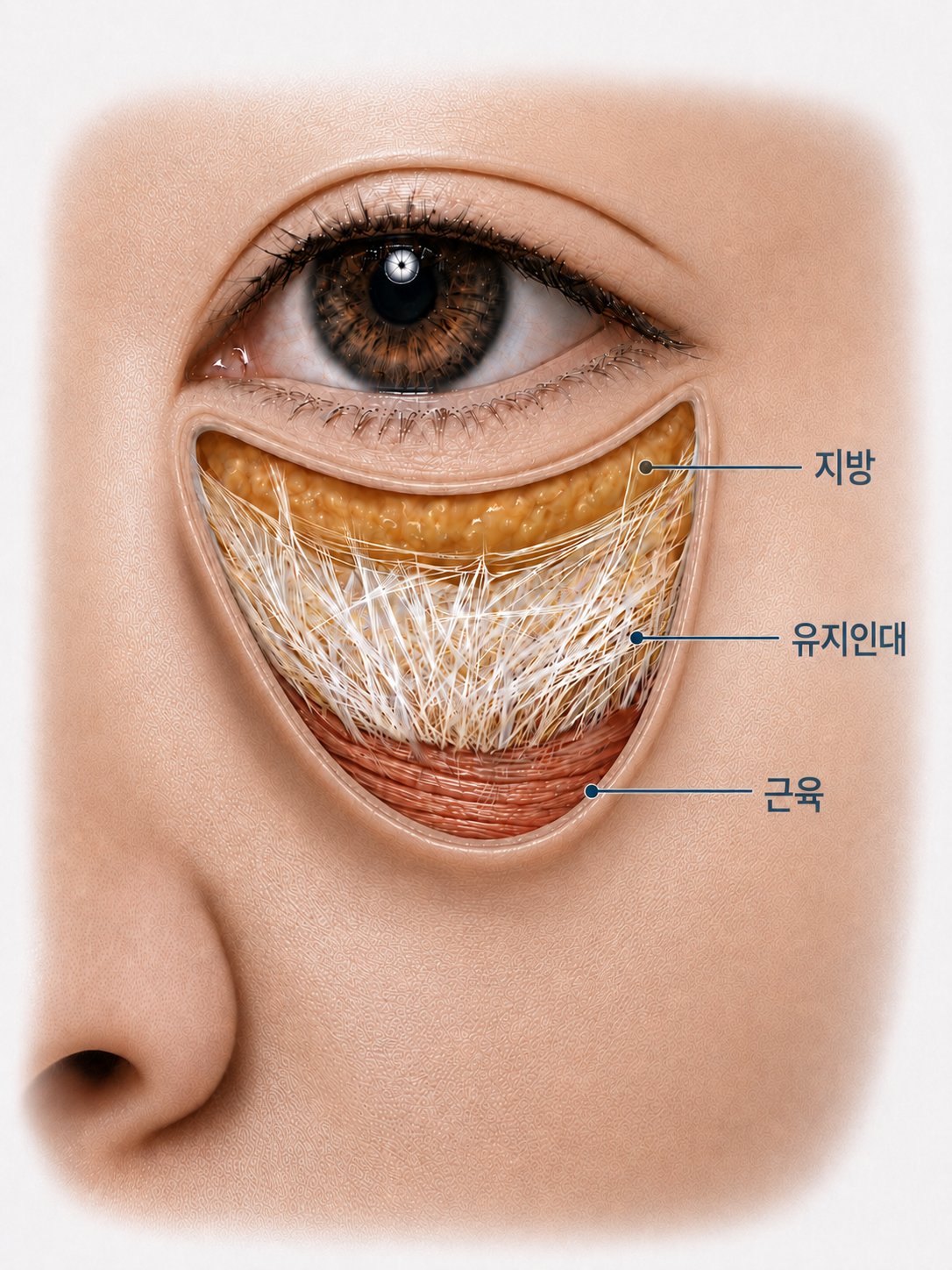 Anatomical illustration revealing orbital fat lobules and the tear-trough ligament on the maxilla