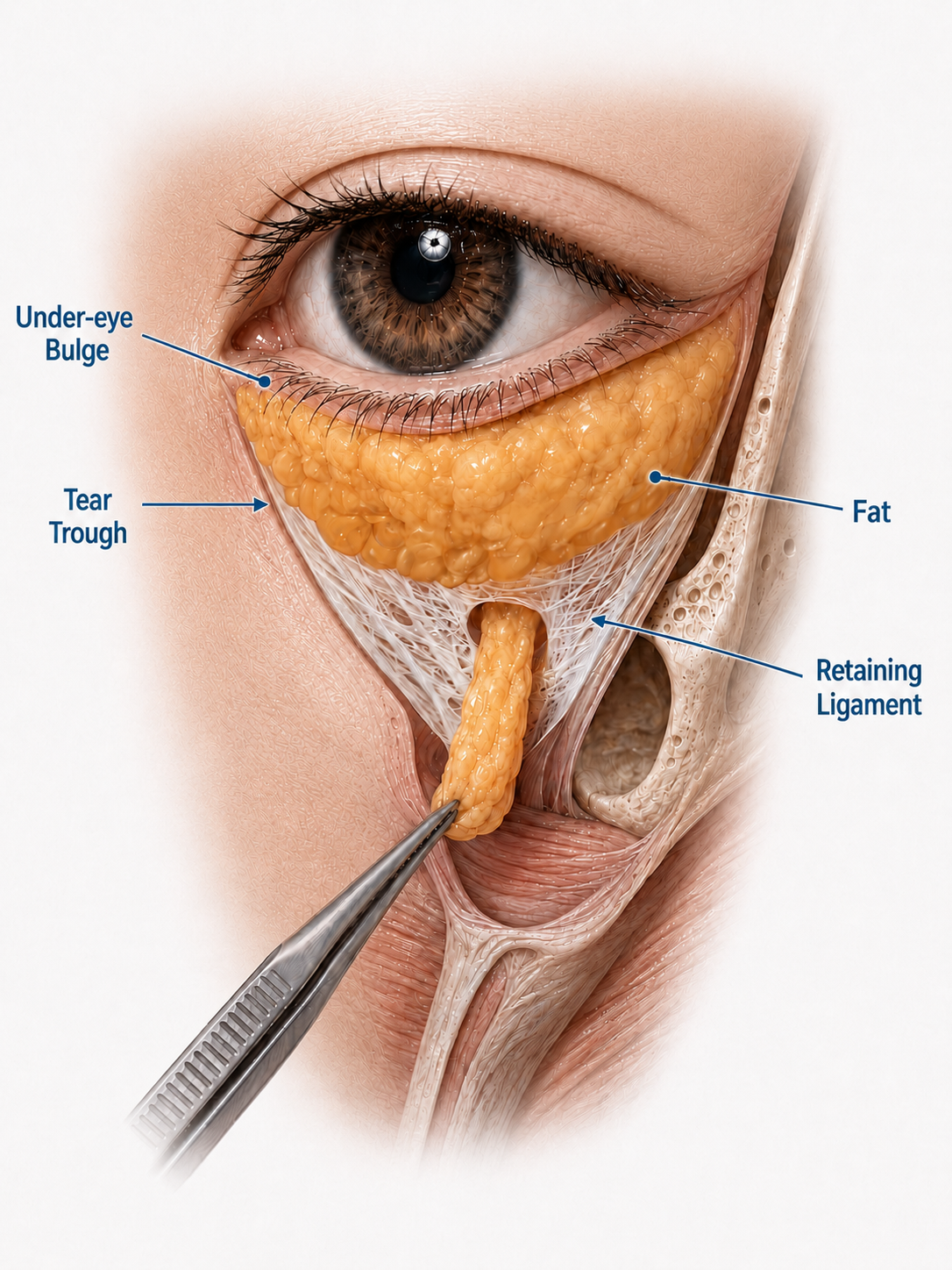 Illustration of forceps mobilizing the orbital fat pedicle after ligament release