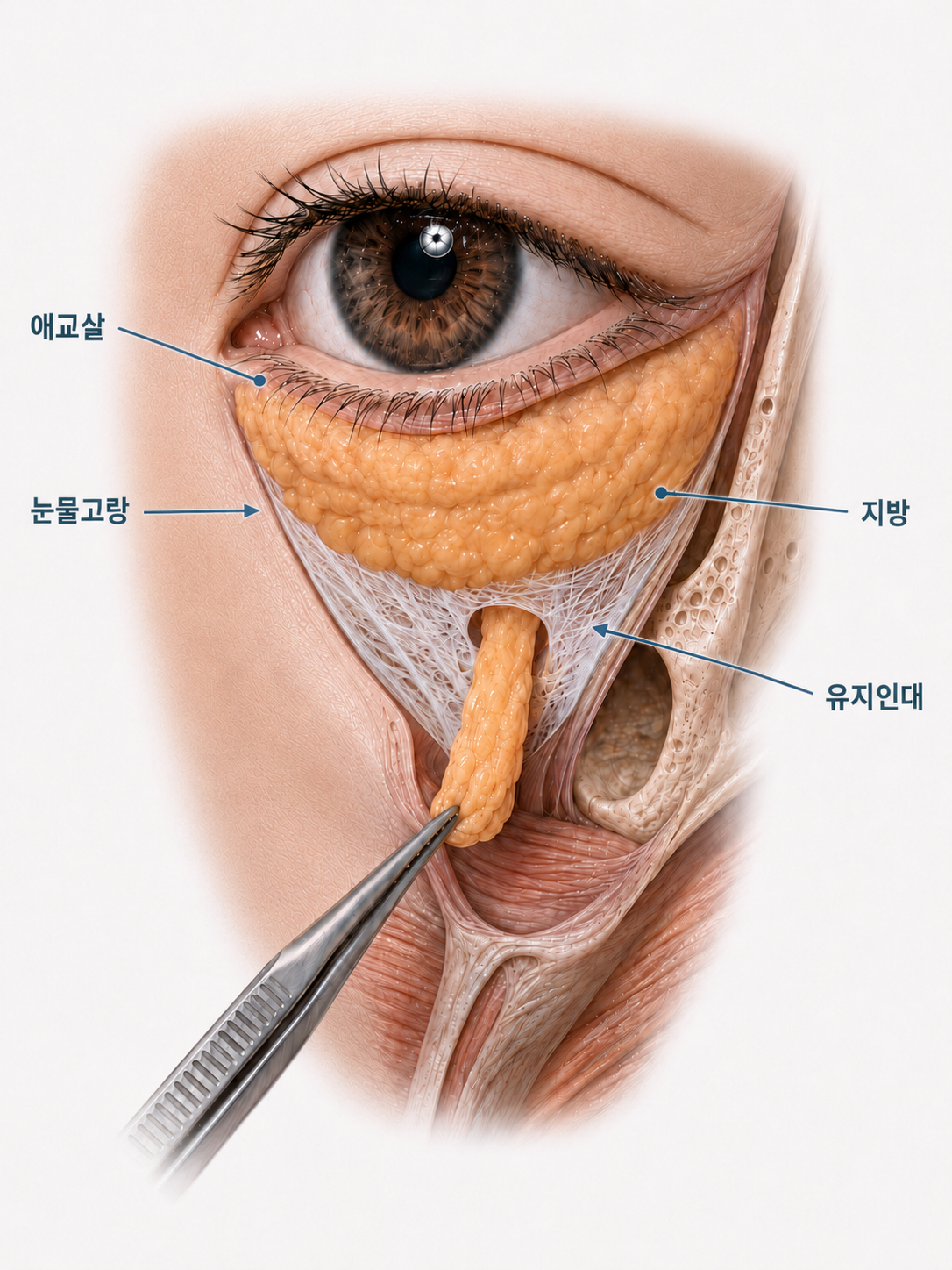 Illustration of forceps mobilizing the orbital fat pedicle after ligament release