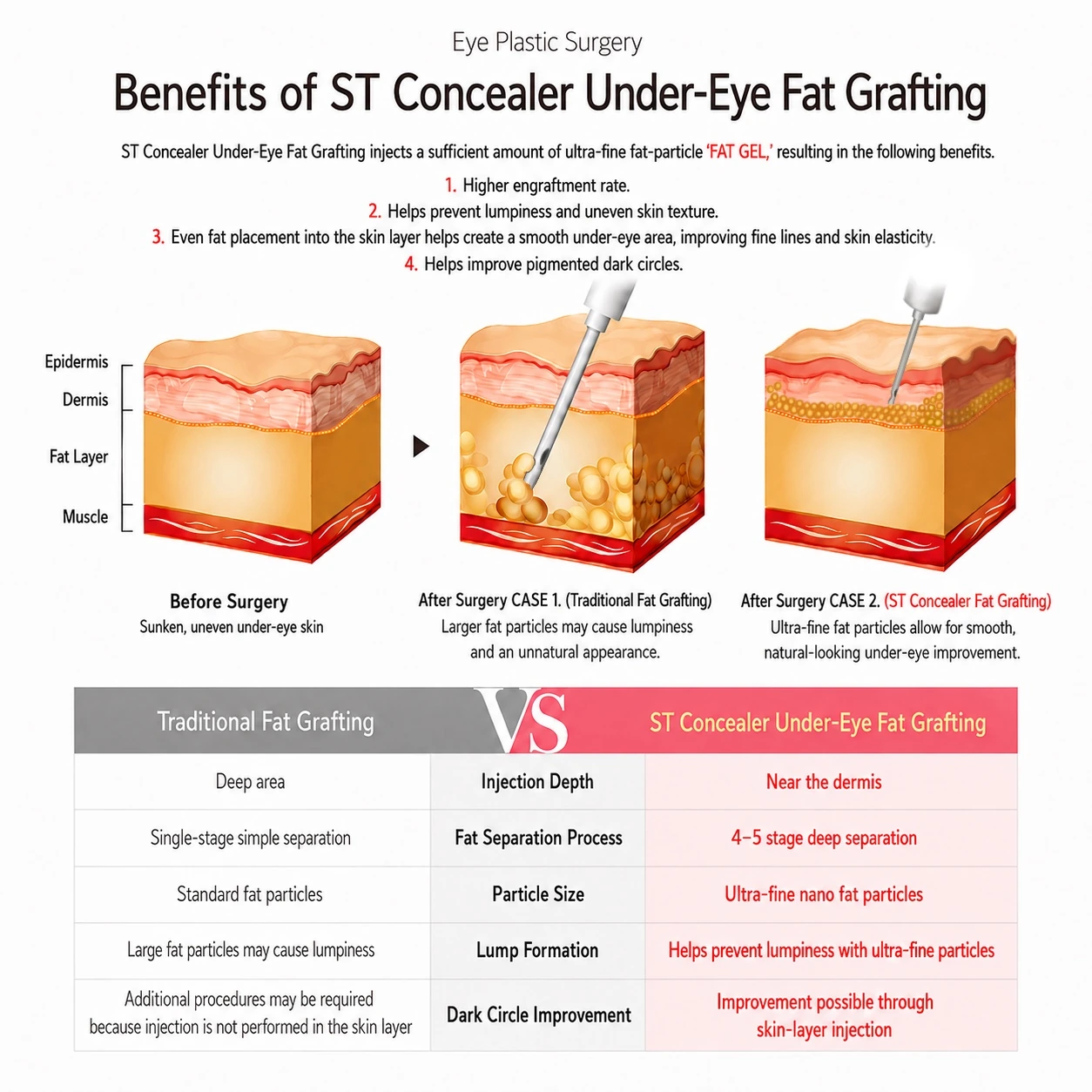 Skin cross-section diagrams comparing a see-through under-eye dark circle, conventional deep grafting, and ST shallow concealer grafting