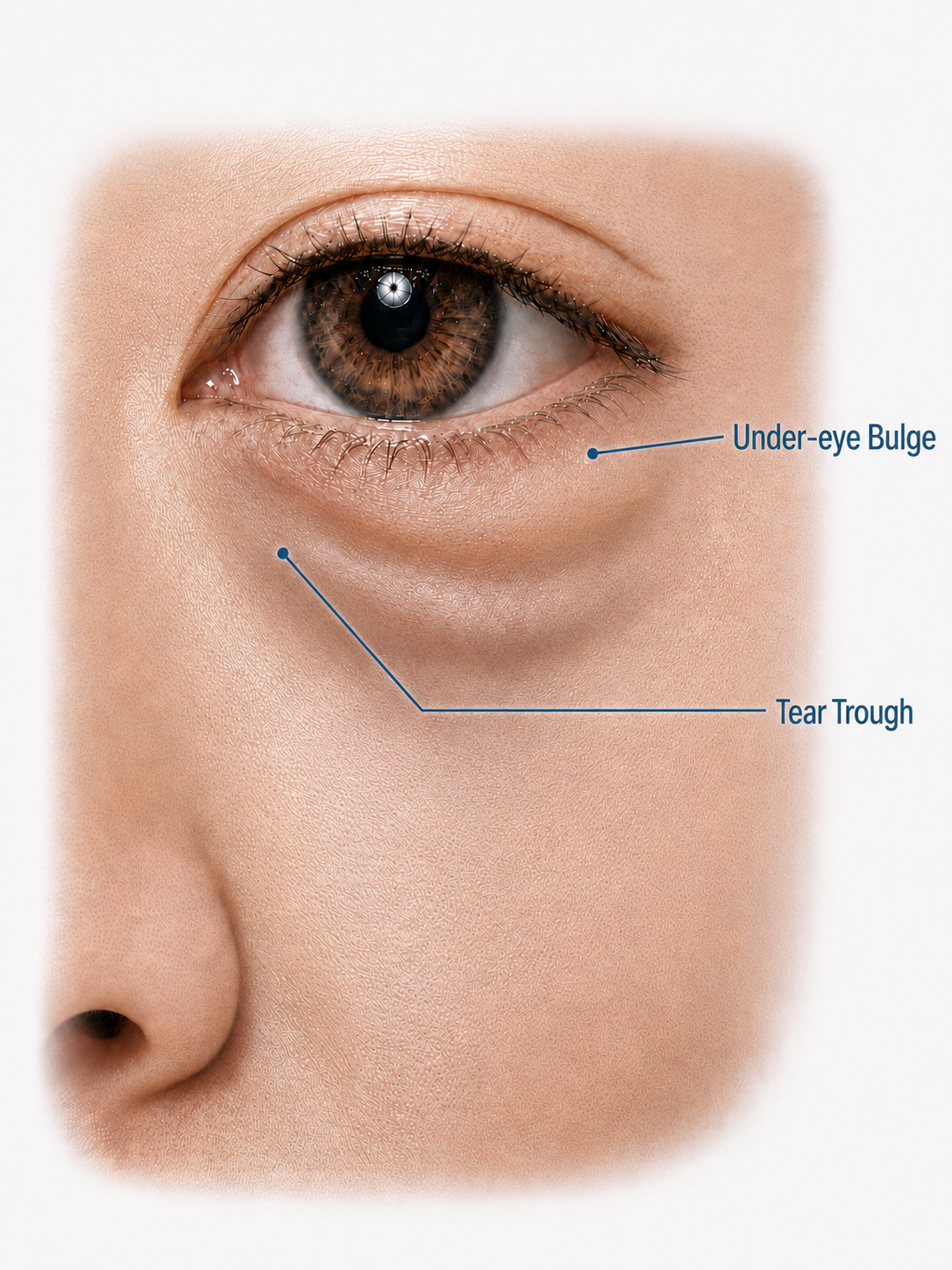 Close-up of an under-eye showing the tear-trough shadow and protruding orbital fat