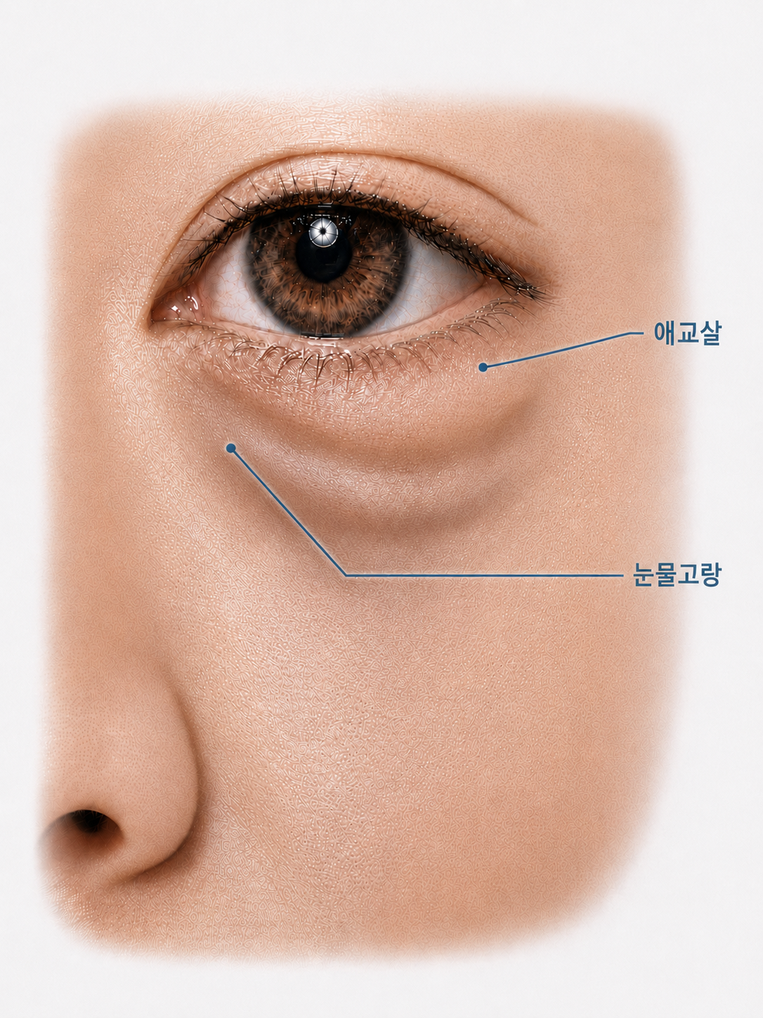 Close-up of an under-eye showing the tear-trough shadow and protruding orbital fat